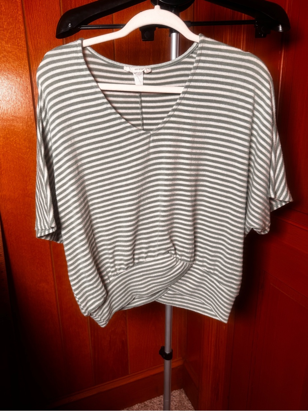 Urban Outfitters Striped V-Neck Short Sleeve Top - Green and White